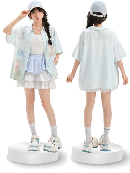 チェック柄アップリケ ラムプリント ライトグリーン シフォン レーストリム シャツ