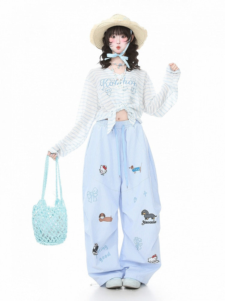 Blue Striped V-Neck Long-Sleeve Top with Animal Print - Languid Park
