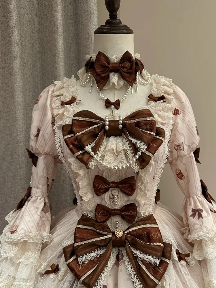 with Bows Chain Lace Beaded Choker Brown and