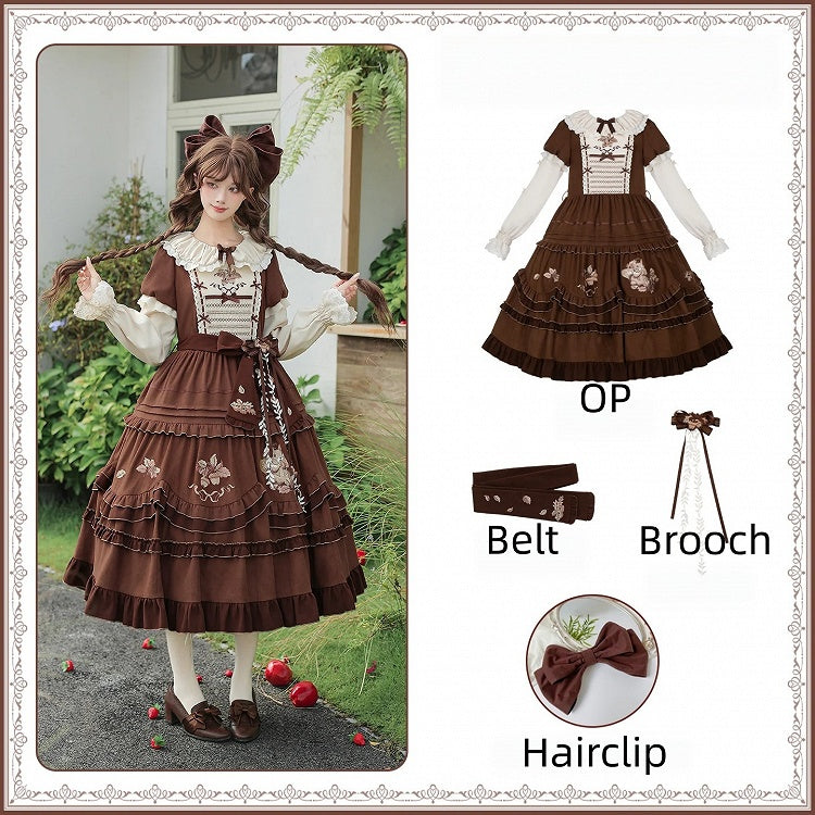 Brown Acorn & Squirrel Embroidered Lolita OP Dress with Peter Pan Collar, Ruffles, Belt, Brooch & Bow Hairclip - With PUJI