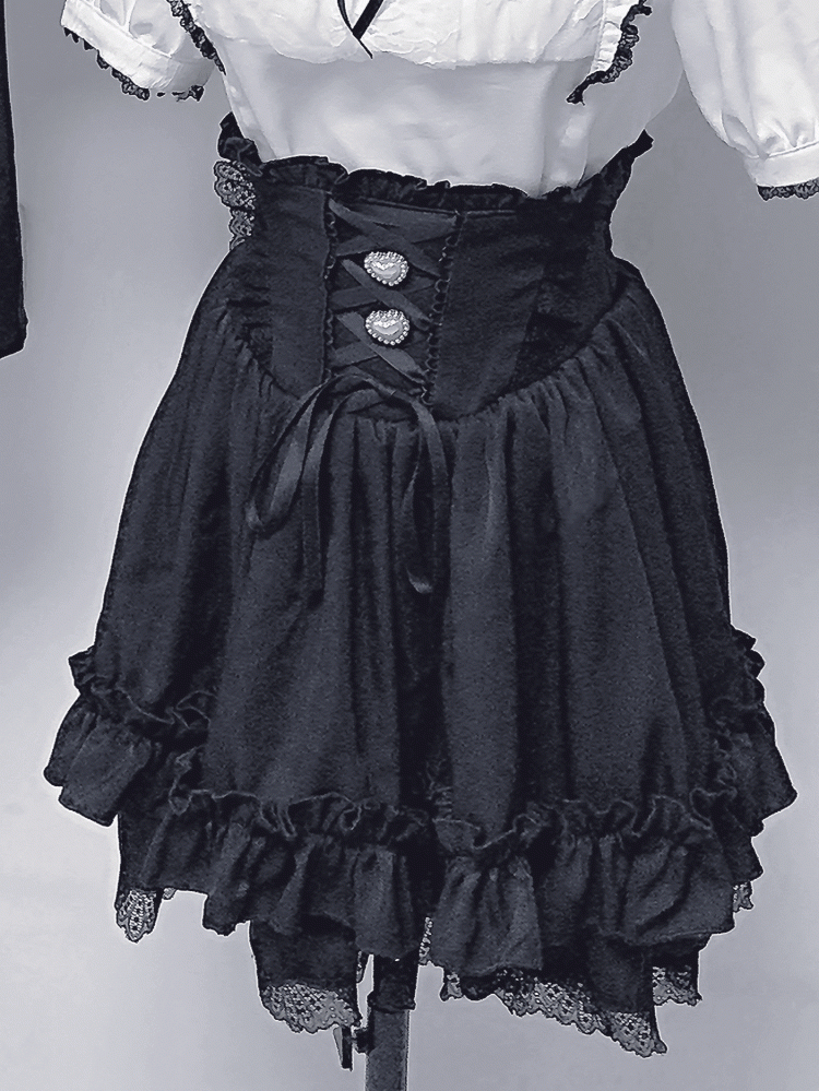 Shoulder Square Black Set: Color Corset Jirai Kei + Blouse Skirt Lace-Up Neck Style Cutout All