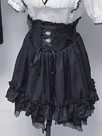 Shoulder Square Black Set: Color Corset Jirai Kei + Blouse Skirt Lace-Up Neck Style Cutout All