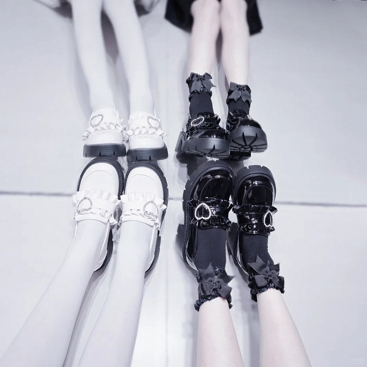 6.5cm White Chunky with Sweetheart Detail Kei Platform Heel Loafers Beaded Jirai