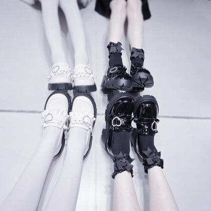 6.5cm White Chunky with Sweetheart Detail Kei Platform Heel Loafers Beaded Jirai