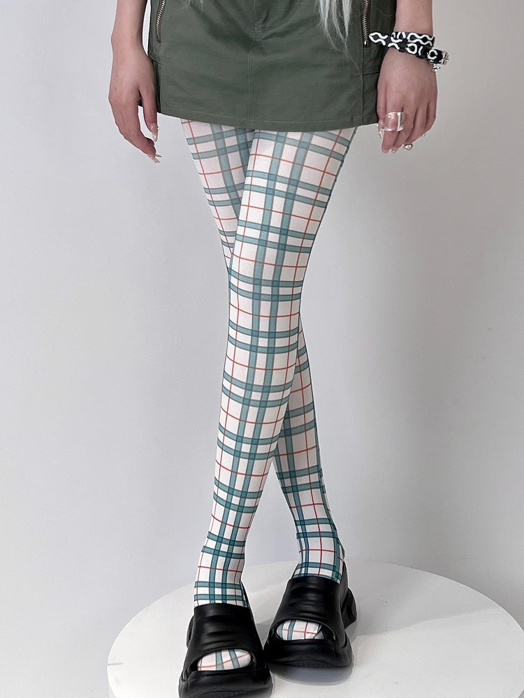 Tights Plaid Y2K WhiteGreen/Purple