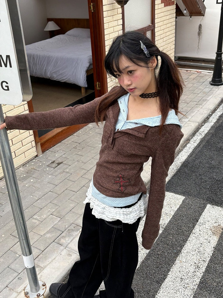 Two-piece Dot Patchwork Sleeve Polka Long T-Shirt Vintage