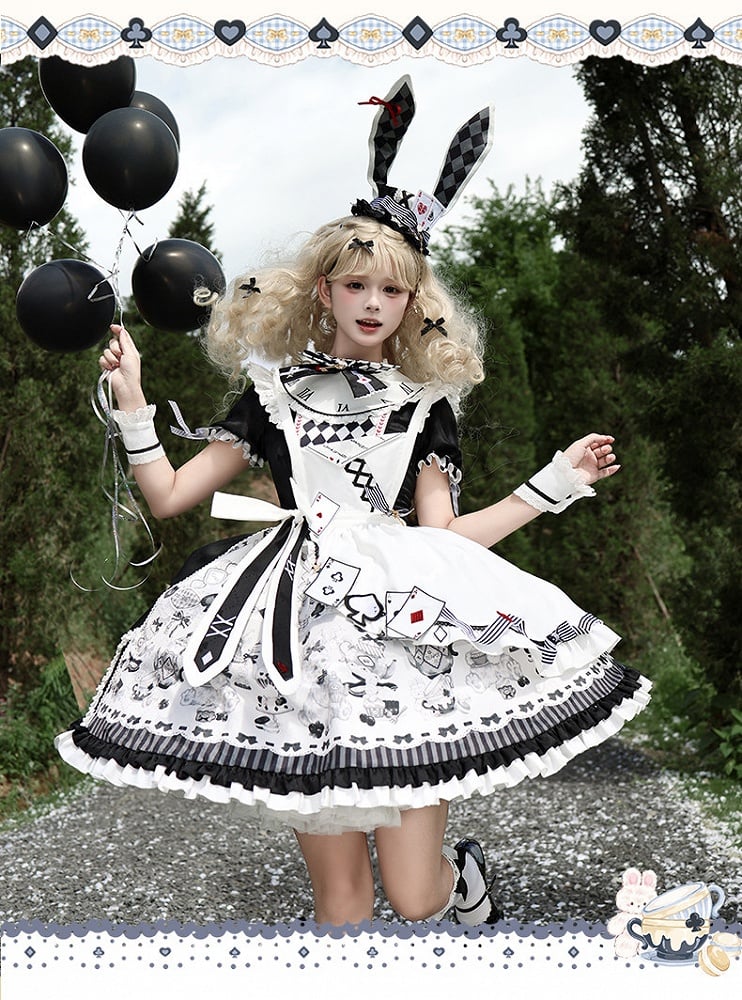Sweet Lolita Apron Dress OP Full Set with Bunny & Teapot Print in Black and White - Ying Luo Fu