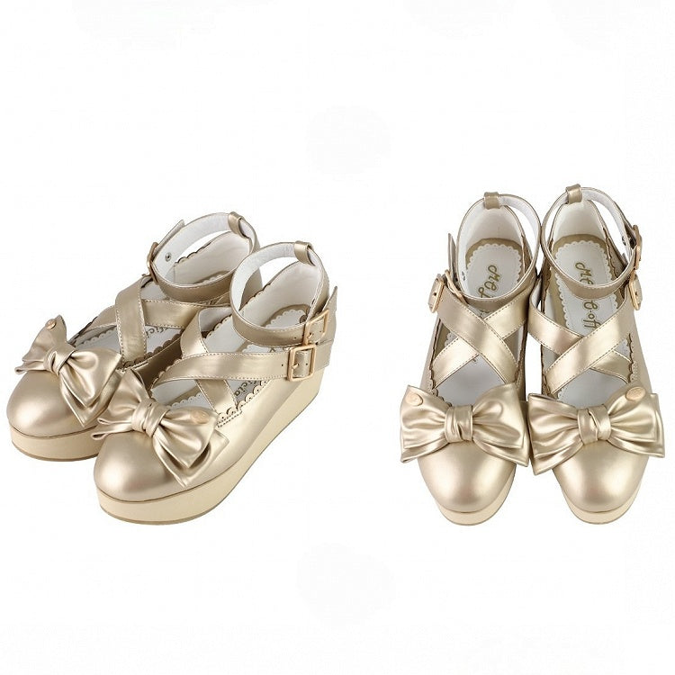 Platform Sweet in Look Bow Mary Shoes Lolita PU Top Wooden Golden at Jane