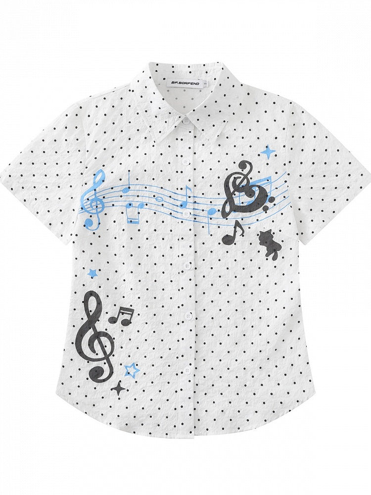 White Short Sleeve Shirt with Musical Note Print - Languid Park