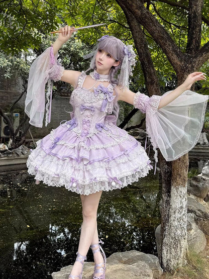 und Ketten Kleid Blume Lolita Taille Qi Korsett Schleife Perle Lila Akzente
