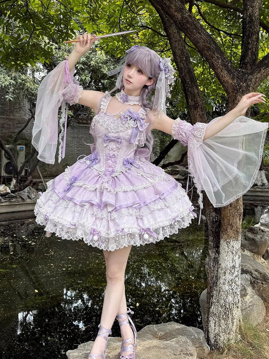 und Ketten Kleid Blume Lolita Taille Qi Korsett Schleife Perle Lila Akzente