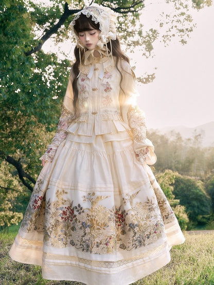Hanfu-Inspired Beige Floral Embroidered Long-Sleeve Top with Lace - Yimu Walnut