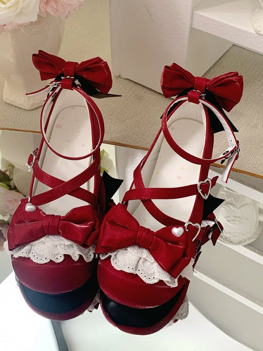 With Buckles Dual Crisscross Wine Lolita Top Design Straps Buckle Detachable Ankle Shoes Red Heart at Bow Sweet