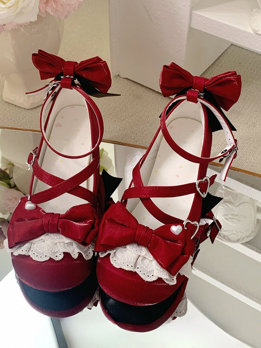 Sweet Bow Crisscross Buckle Wine Heart Design Buckles Shoes Dual Red Top Ankle Lolita Detachable at With Straps