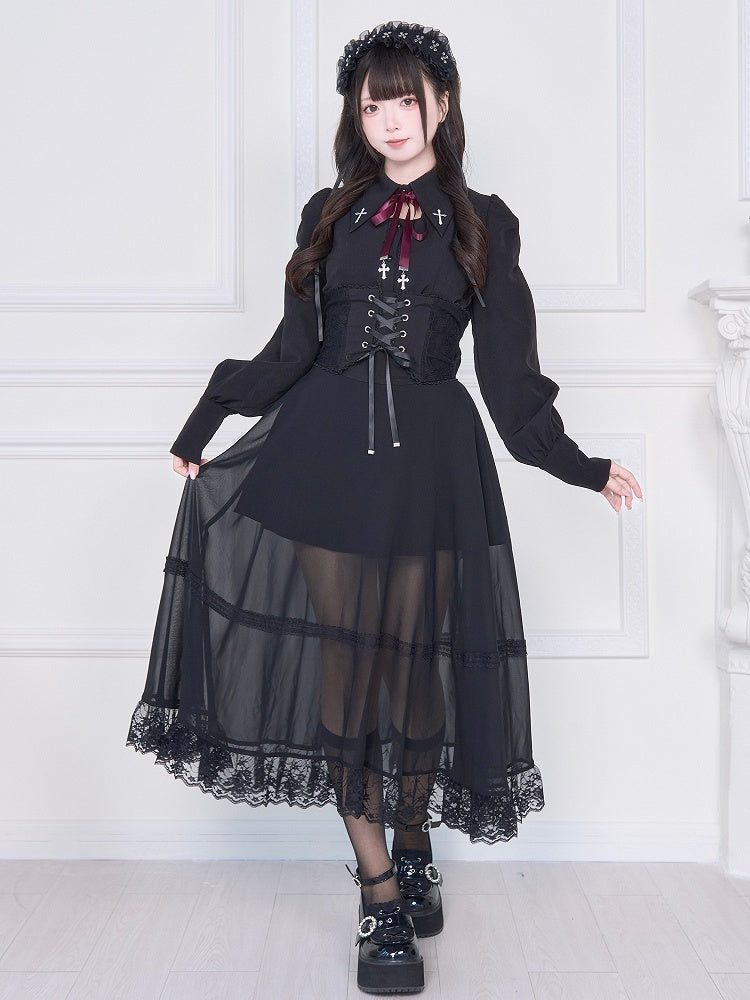 Kei Mesh Skirt with Black Overlay Corset Jirai Waist High Lacing Long