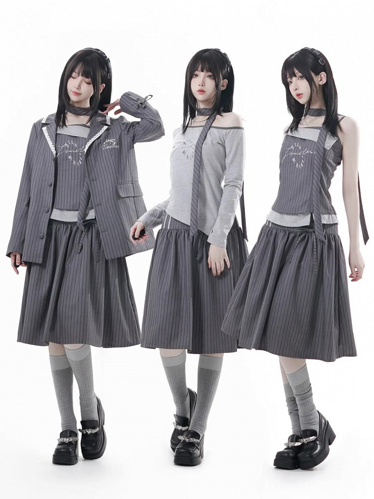 Gray Silhouette | Skirt Partial Button-Up Front Striped A-Line Preppy