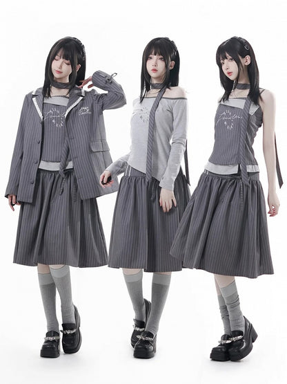 Gray Silhouette | Skirt Partial Button-Up Front Striped A-Line Preppy