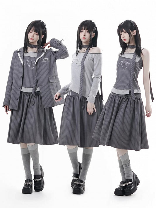 Gray Silhouette | Skirt Partial Button-Up Front Striped A-Line Preppy