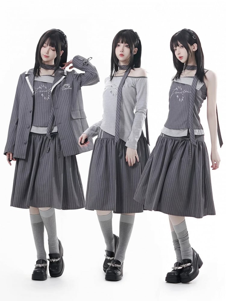 Gray Blazer Aesthetic with Striped - Preppy Bowknot Embroidery Timeless Fit Oversized