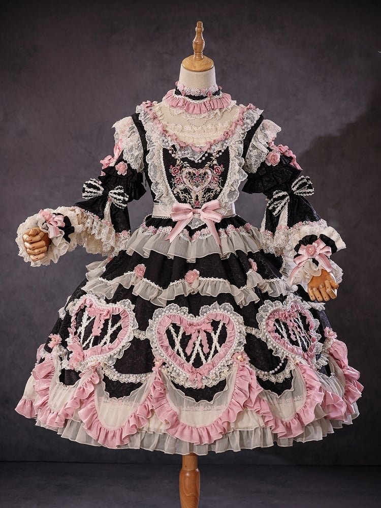 Schwarzes Hanayome-Rosetten-Stickerei-Blumen- und Perlenketten-Lolita-OP-Komplettset