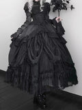 Black Basque Waist Kuro Dress Drawstring Skirt Gothic Lolita Long-Sleeve One Piece