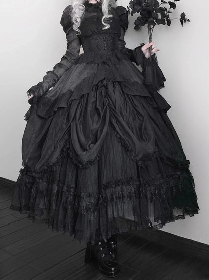 Black Basque Waist Kuro Dress Drawstring Skirt Gothic Lolita Long Sleeves One Piece