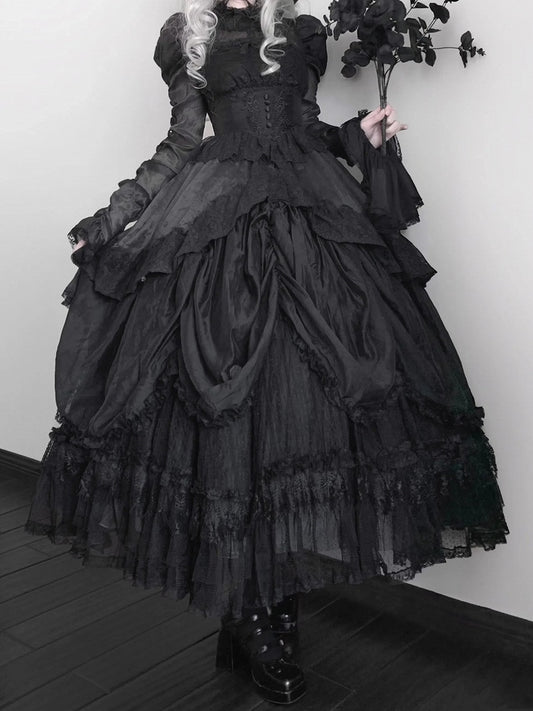 Black Basque Waist Kuro Dress Drawstring Skirt Gothic Lolita Long Sleeves One Piece