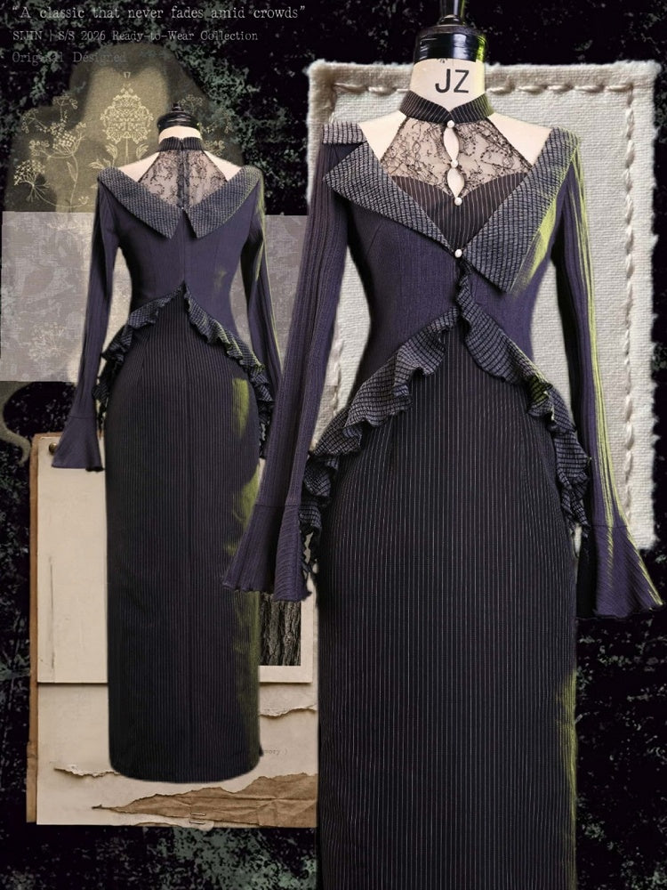 Retro Black & Gray Two-Piece Look Striped Halter Gown with Ruffled Trim - sijinstudio