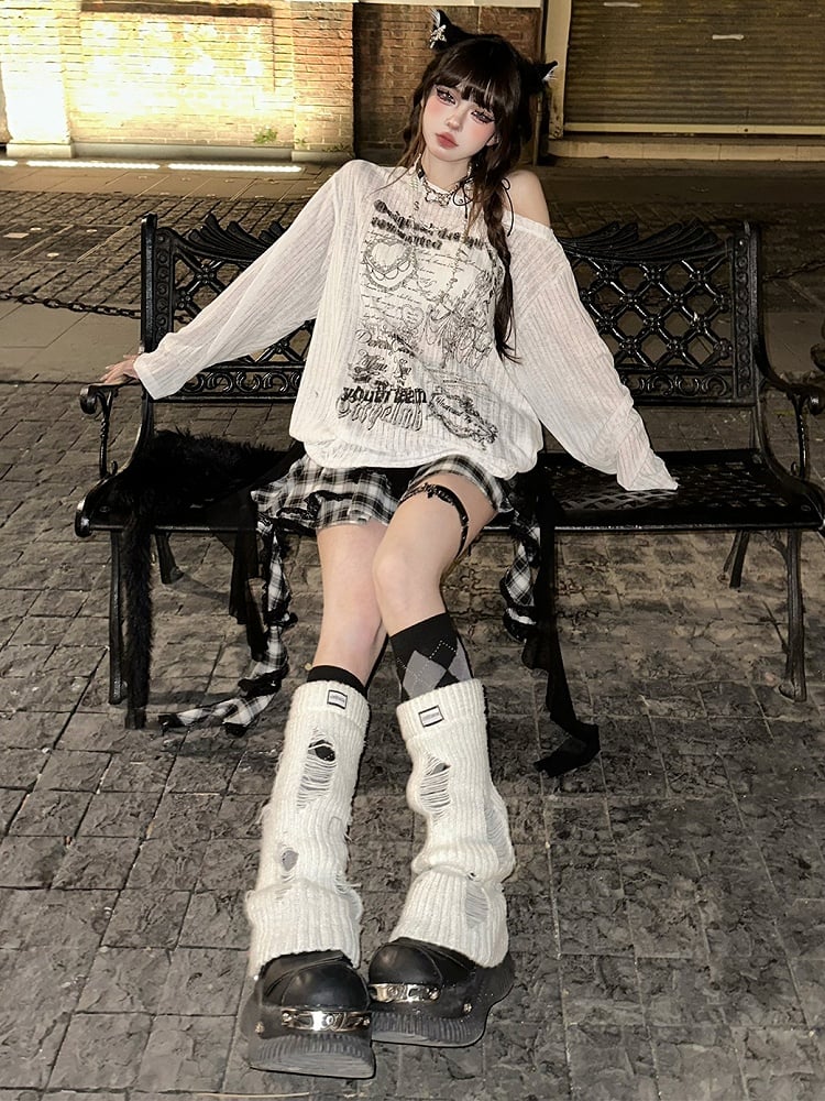 Schwarz/weißes, locker sitzendes, bedrucktes Oberteil mit asymmetrischem Ausschnitt