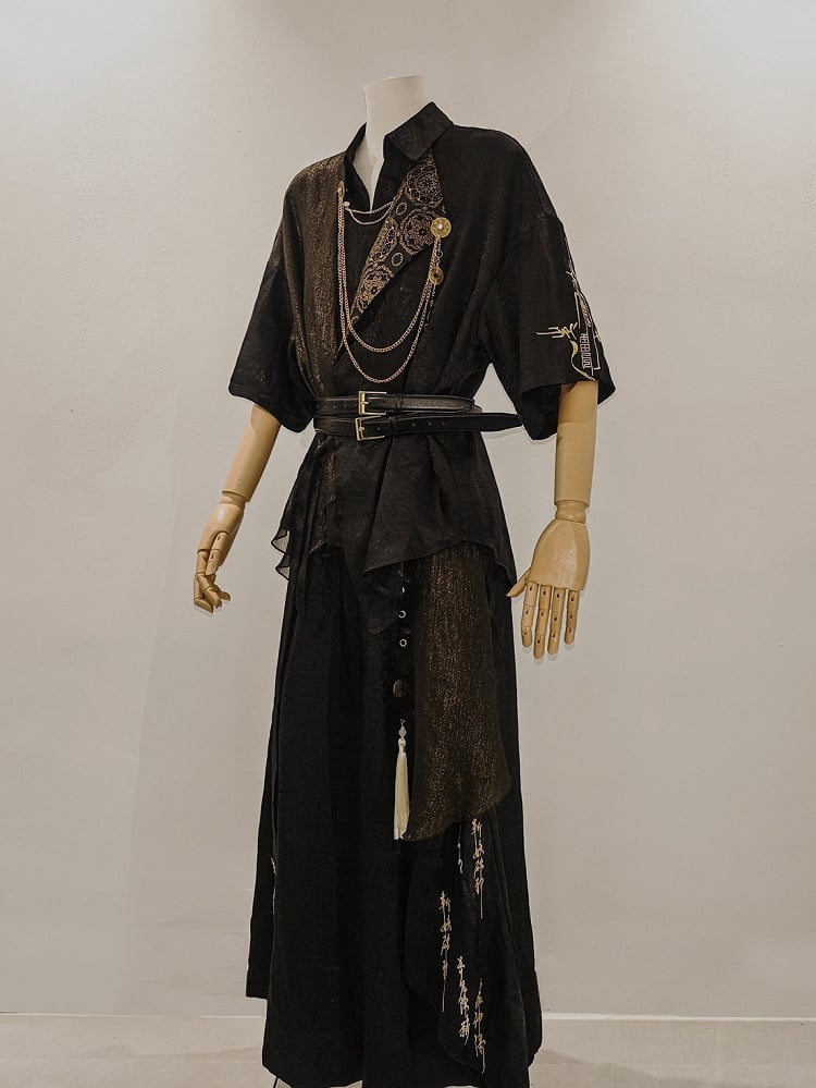 Gothic Chinoiserie Lolita Short Sleeve Blouse and Wide Pants Set - YING YUE