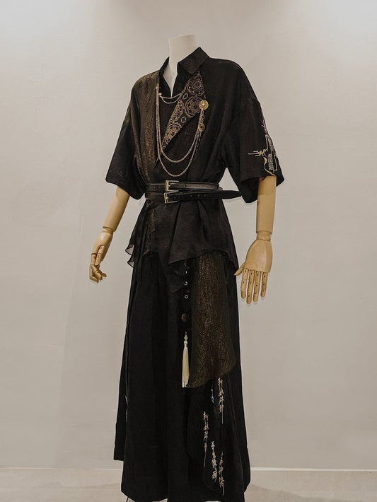Ensemble blouse à manches courtes et pantalon large Lolita gothique Chinoiserie - YING YUE