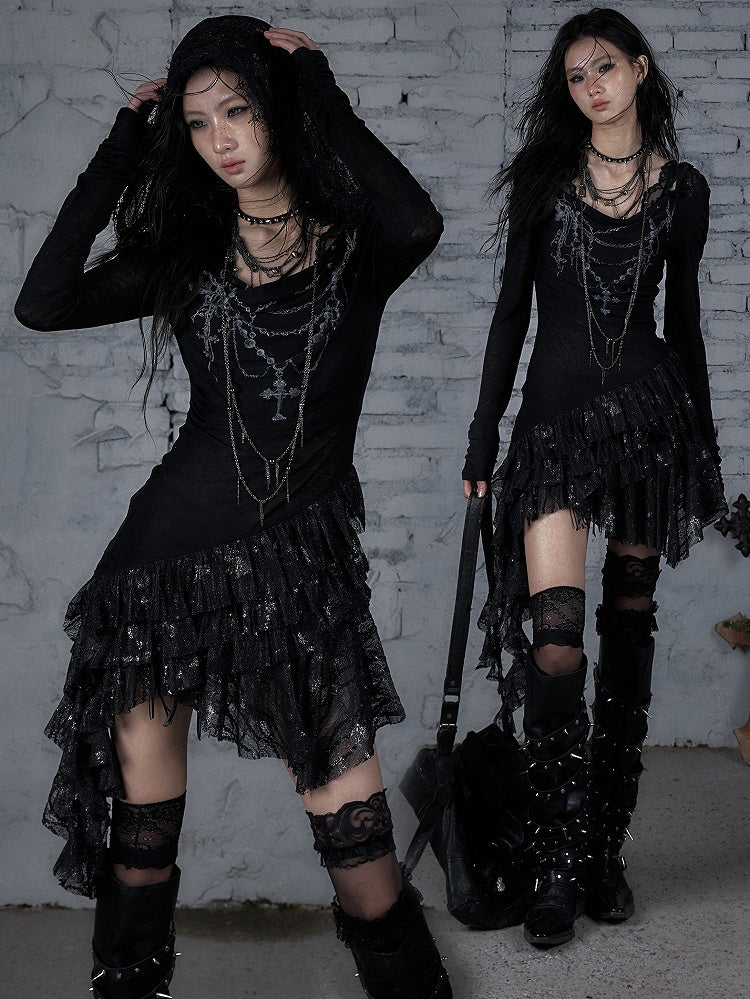 Chain Dress Cross Punk Black/Beige Beaded Wasteland Trim Print Lace