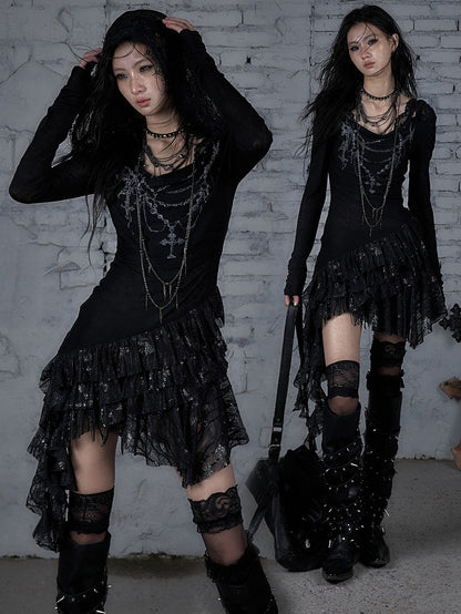 Chain Dress Cross Punk Black/Beige Beaded Wasteland Trim Print Lace