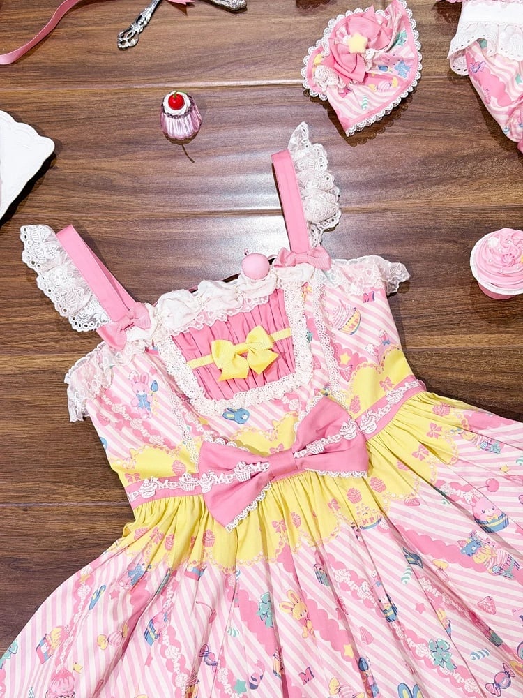 Trim Flutter and Sleeves Yellow Lolita JSK Cupcake with Dress Prints Sweet Lace Pink