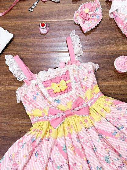 Trim Flutter and Sleeves Yellow Lolita JSK Cupcake with Dress Prints Sweet Lace Pink