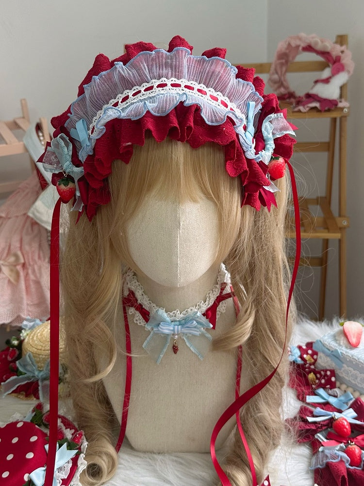Red Ruffled Sweet Decorations with Strawberry Blue Lolita Hairband