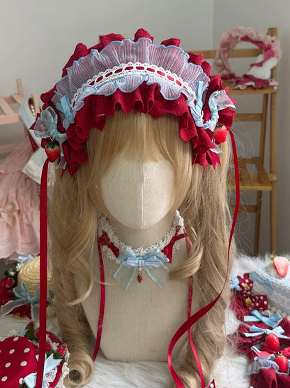 Red Ruffled Sweet Decorations with Strawberry Blue Lolita Hairband