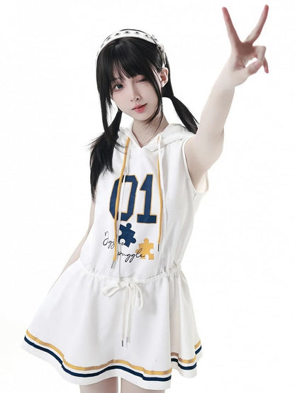 Dress with Yellow Drawstring Hem Hood，Blue Waist Striped Hoodie and Blokette Sleeveless White
