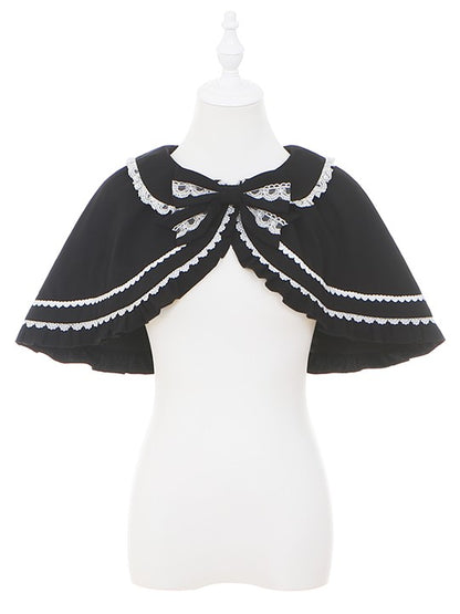 Black Lolita Cape with White Lace Trim