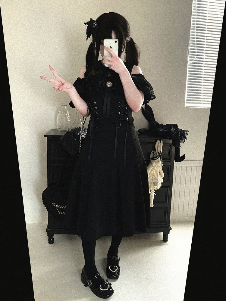 Off-Shoulder Jacquard Dress with Bow Accents, Peter Pan Collar, 4 Colorways - Kitty Bxllet