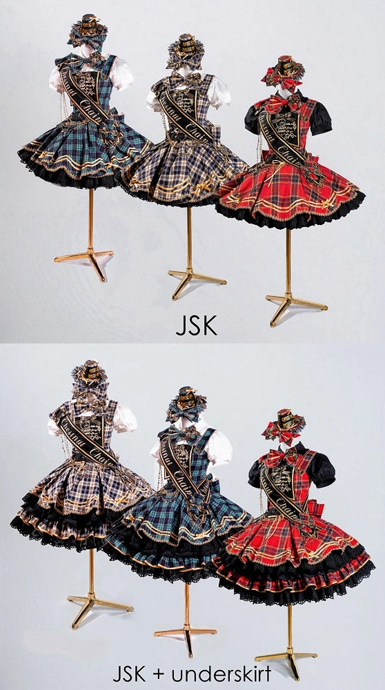 Green Idol Lolita Plaid JSK Dress with Golden Bear Embroidery and Black Scalloped Hem - LiLi Chain