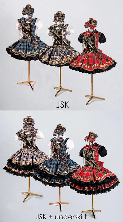 Red Idol Lolita Plaid JSK Dress with Golden Bear Embroidery and Black Scalloped Hem - LiLi Chain