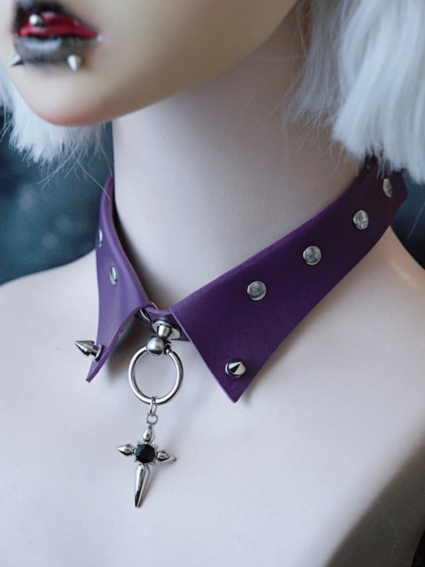 Gothic Choker Cross Decorated Details Purple Rhinestone Pendant Studs
