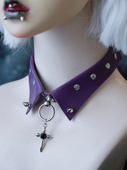 Gothic Choker Cross Decorated Details Purple Rhinestone Pendant Studs