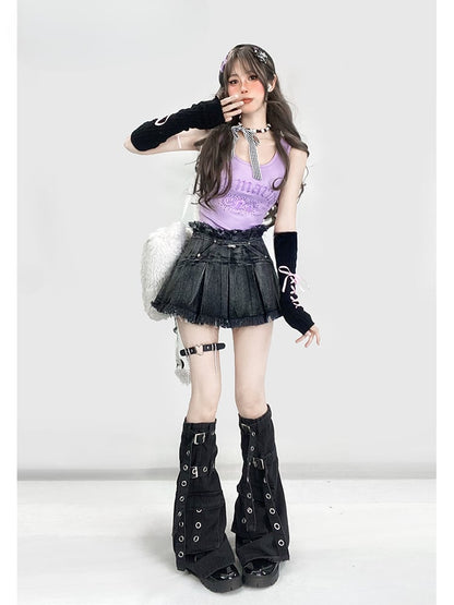 Y2K ヴィンテージ ブラック フェードウォッシュ ディストレストリム ボックスプリーツ デニム グラマラススカート