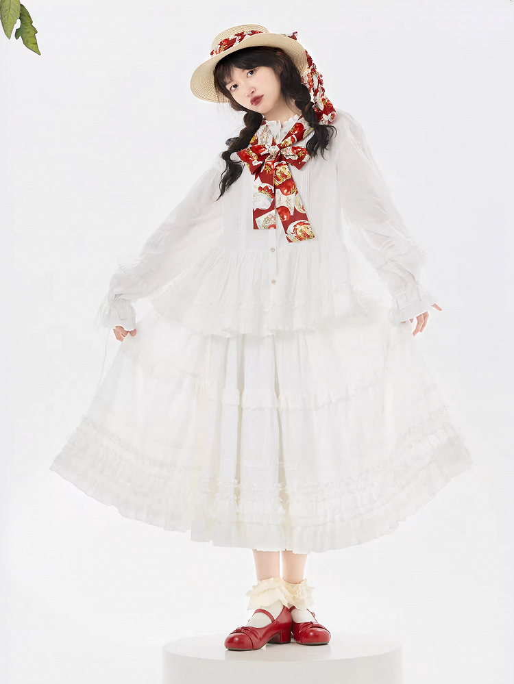 Elegant Cotton Multi-Layer Lolita Skirt White Ruffled Loose Hem
