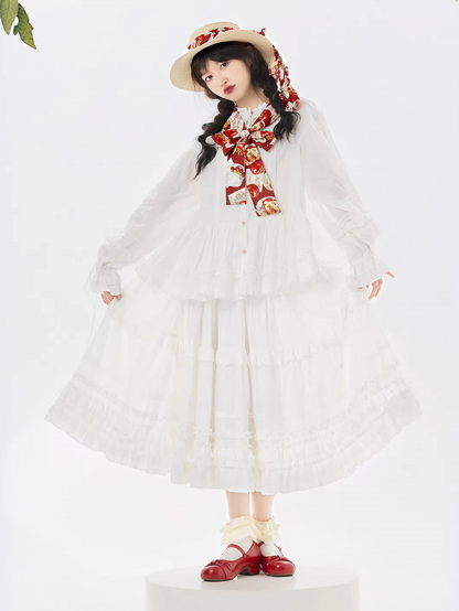 Elegant Cotton Multi-Layer Lolita Skirt White Ruffled Loose Hem