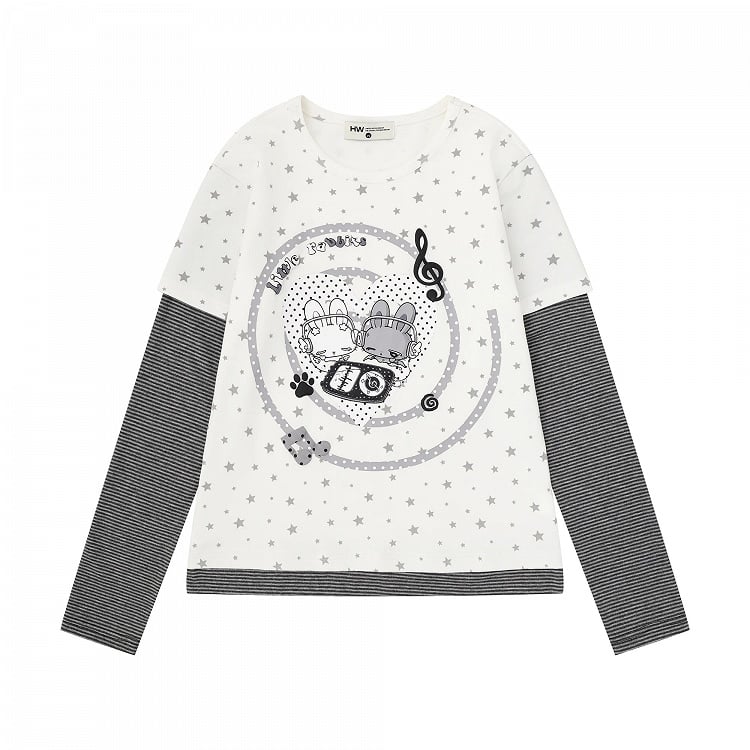 Faux Two Piece Otaku White Round Neck Long Sleeve Bunny Star Top - Languid Park