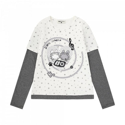 Faux Two Piece Otaku White Round Neck Long Sleeve Bunny Star Top - Languid Park