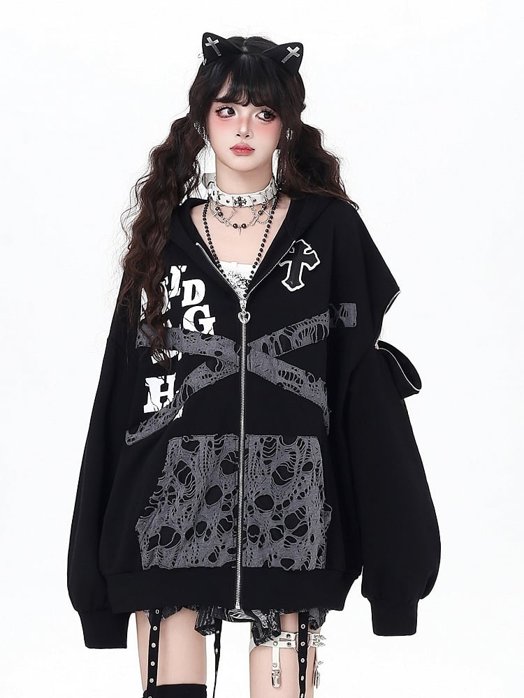 Kitten-Themed Hoodie Patches Jacket Bittersweet - Cross